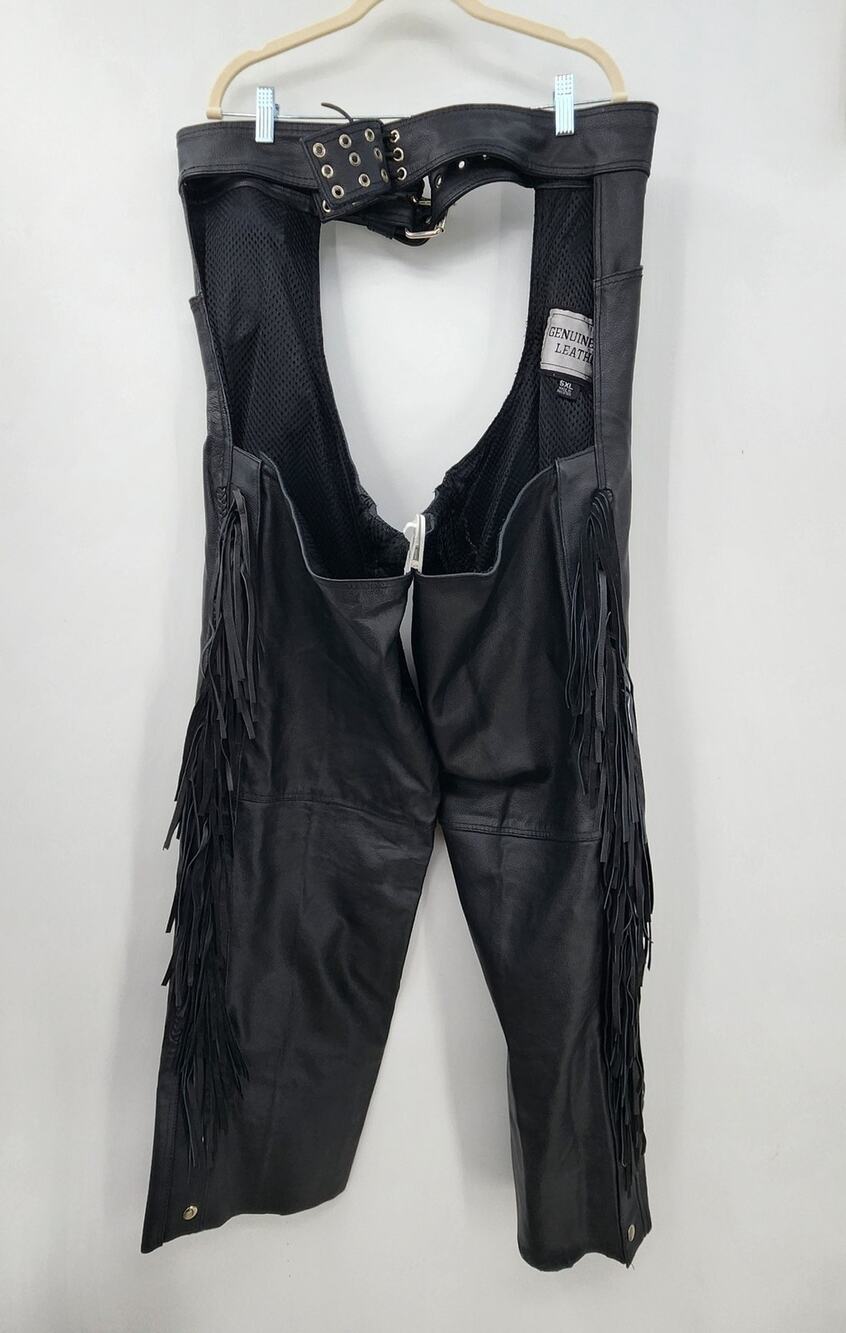 Genuine Leather 5XL Fringe Riding Chaps Black Fringe Detail Motorcycle Cold Gear
